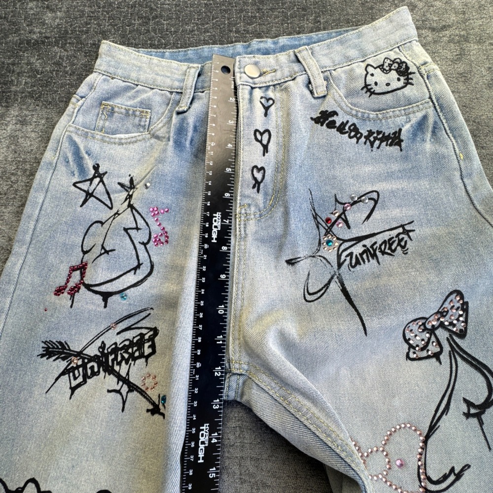 Vintage Hello Kitty Graffiti Rhinestone Wide Leg Jeans Womens 43 Blue Light Wash - Picture 7 of 11